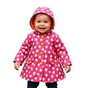 Carters Baby Girls Size 12 Months Pink Polka Dot Raincoat With Hood & Lining